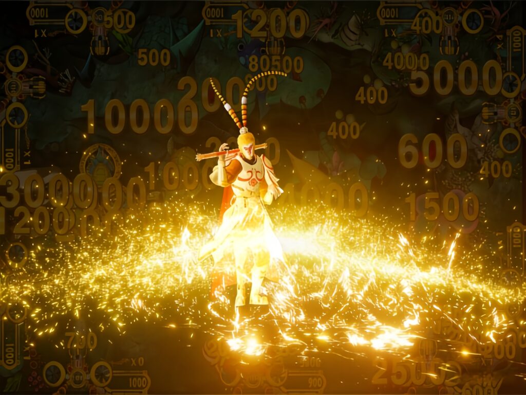 Wukong Jackpot arcade fishing game, Sun Wukong character boss battle with golden light effects