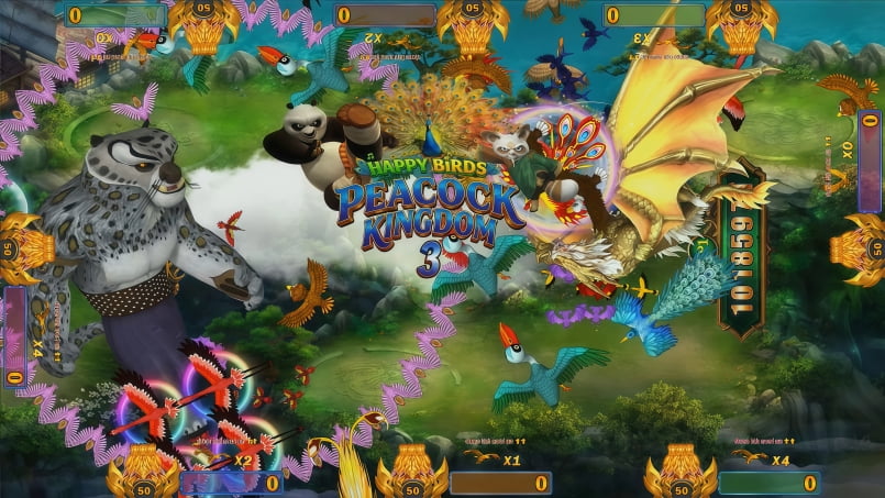 Happy Birds Peacock Kingdom 3 arcade fishing game board, Kung Fu Panda themed bird shooting game for commercial arcades