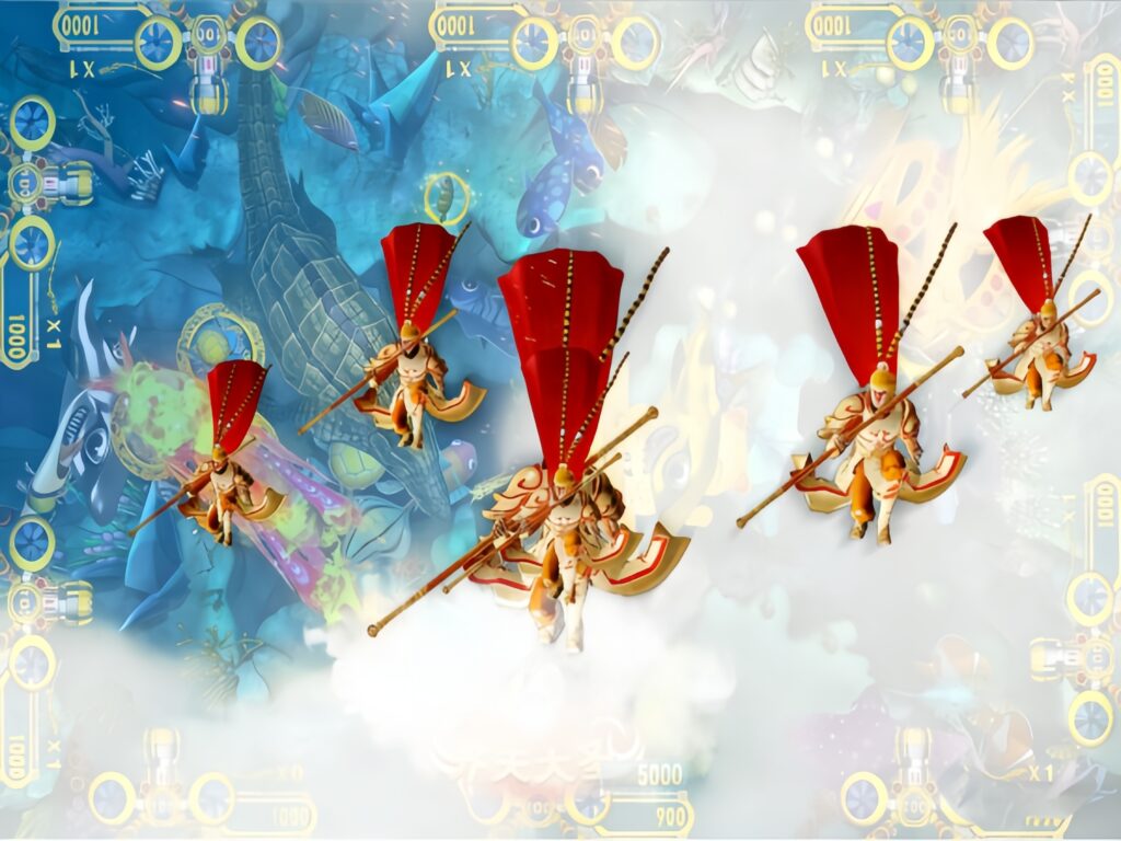 Wukong Jackpot arcade fishing game, Sun Wukong character boss battle with golden light effects