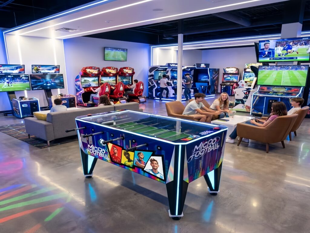 Micro-Football Table arcade machine displayed in a modern game center, commercial coin-operated football table for entertainment venues