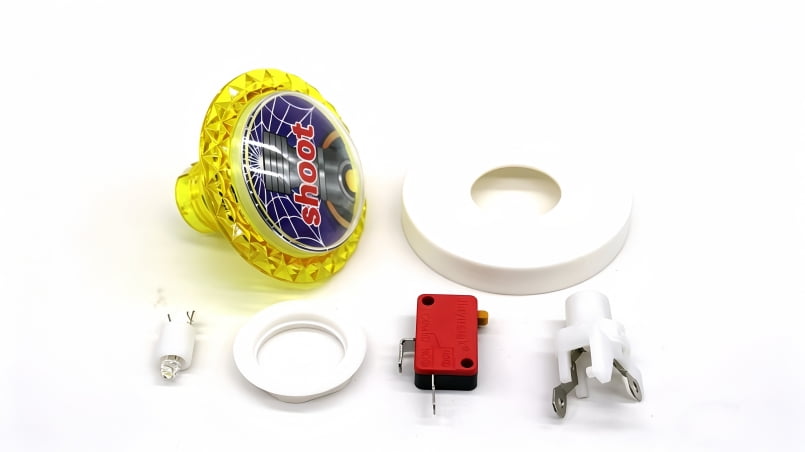 Arcade game button components kit, including LED button top, switch, and mounting parts for fish table machines