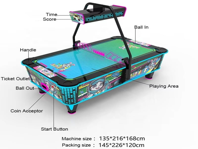 Commercial 2 Player Coin-Operated Air Hockey Table Arcade Machine with technical specifications diagram, showing key parts and dimensions