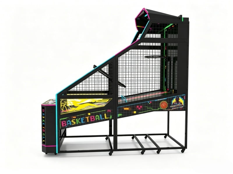 Adult Basketball Arcade Machine Side View Showing Steel Frame and Ball Return System