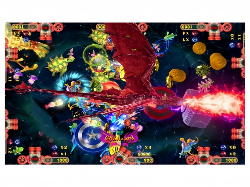 Captain America Fish Game Boss Battle Scene with Hero Character Attack Effects
