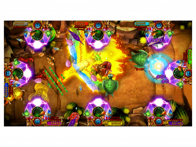 Fire Phoenix Fish Game PCB Kit displaying active fish hunting gameplay with flame attack effects and multiple targets