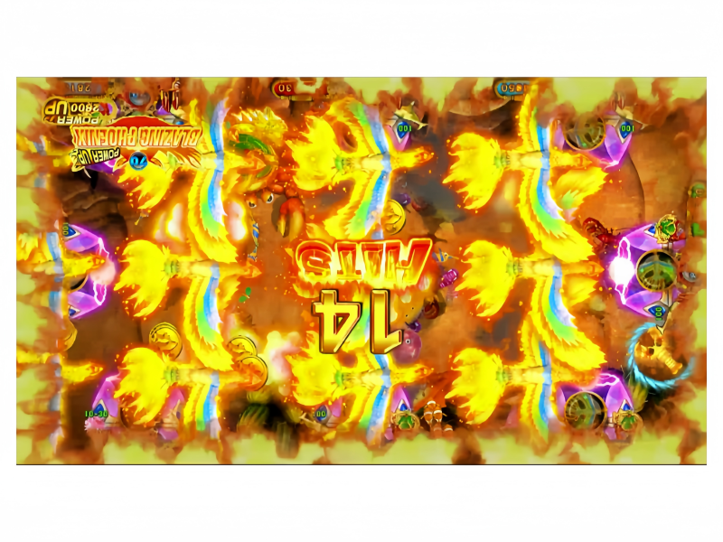 Fire Phoenix Fish Game PCB Kit showing a golden jackpot reward scene with special bonus effects
