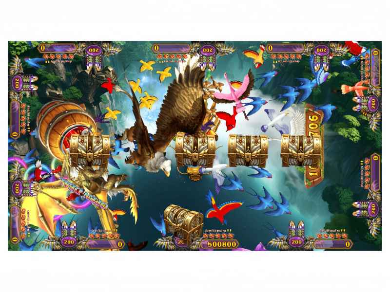 Phoenix Legend bonus treasure feature with flying birds, jackpot chests, and multi-player arcade gameplay