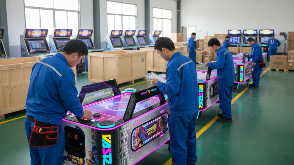 Factory technician testing commercial amusement machines before packing and export
