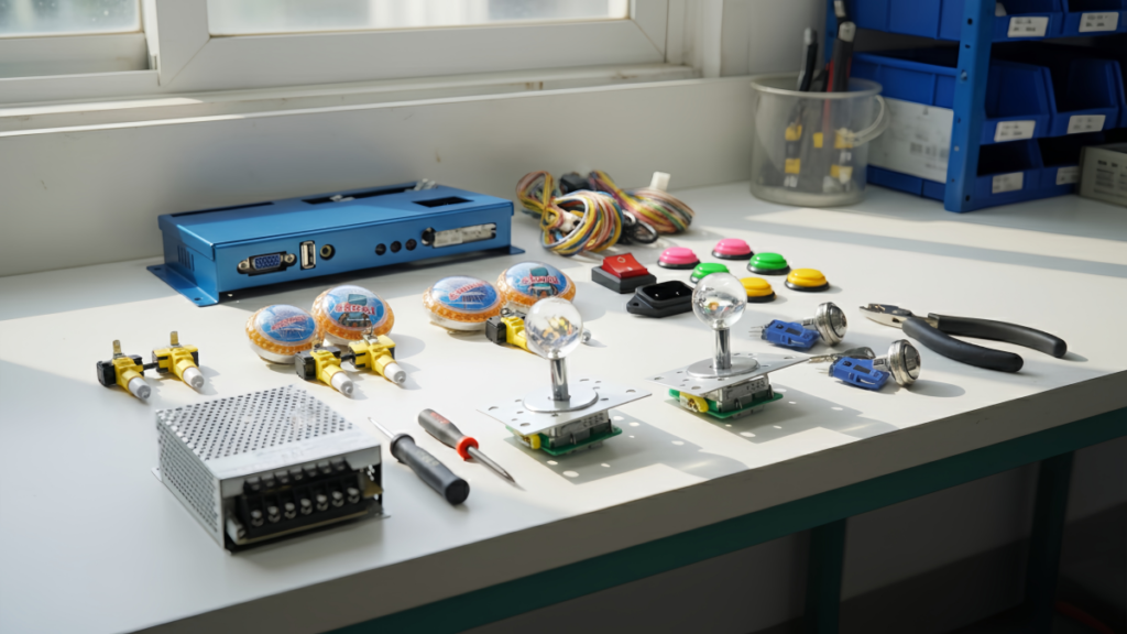 Arcade buttons and joysticks for commercial arcade machine control panels