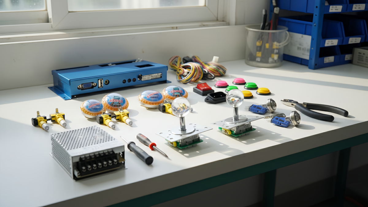 Arcade buttons and joysticks for commercial arcade machine control panels