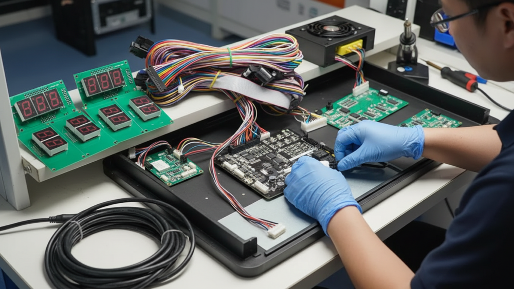 Arcade buttons joysticks microswitches and control panel parts being checked for replacement