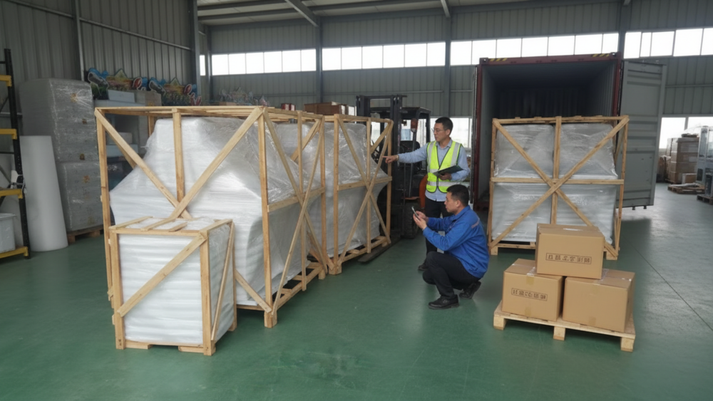 Arcade machine screen, cabinet corners, and control panel protected for export shipping