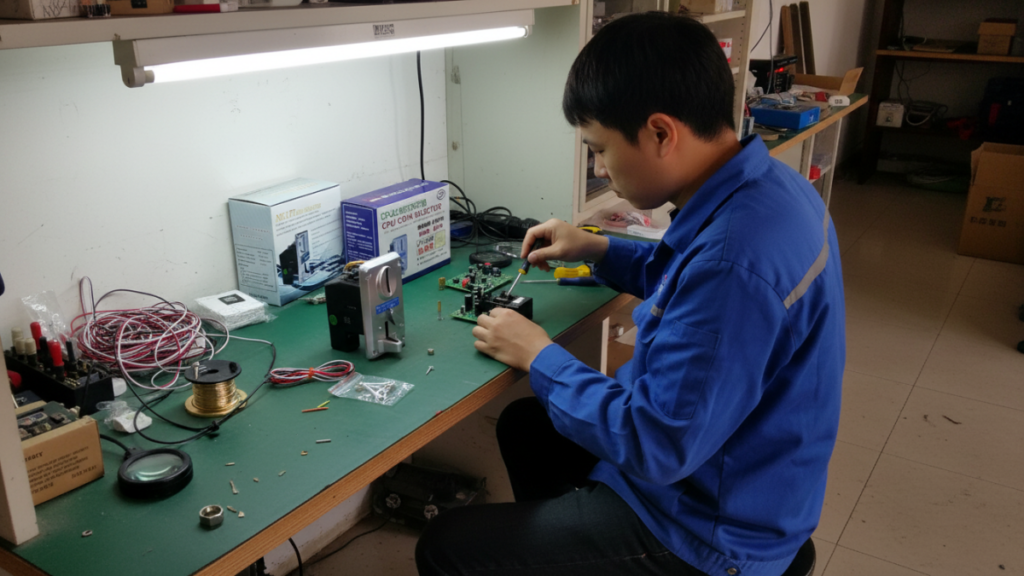 Technician checking arcade card reader, coin acceptor, wiring, and I/O board inside a commercial arcade machine