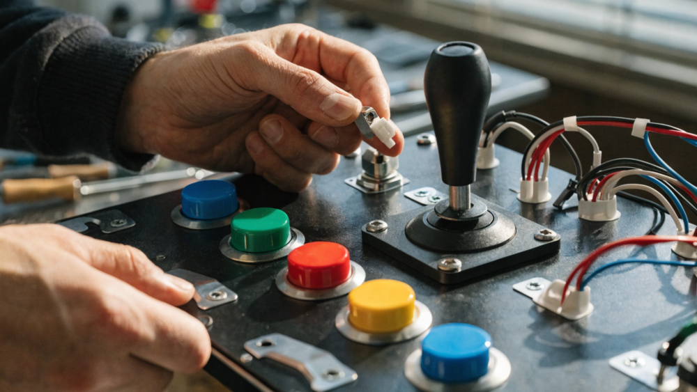 Arcade buttons and joysticks installed on a commercial machine control panel