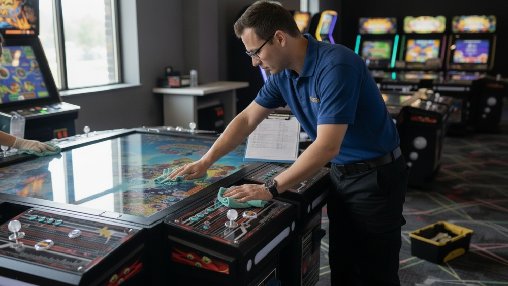 Arcade operator cleaning fish game machine buttons and control panel during routine maintenance