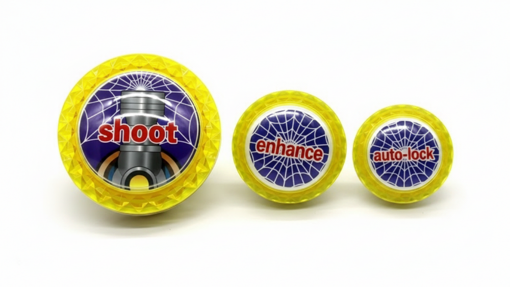 Arcade function buttons for commercial machines with printed control labels