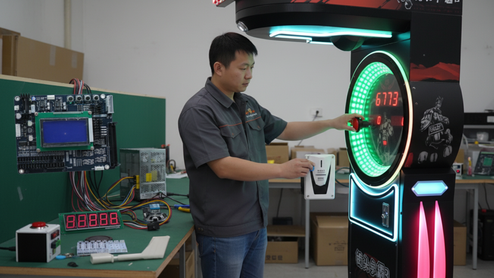 Technician testing arcade machine payment system and internal components before shipment
