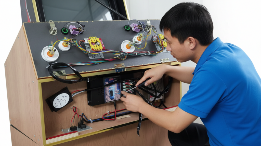 Technician checking an arcade machine power supply inside a commercial cabinet