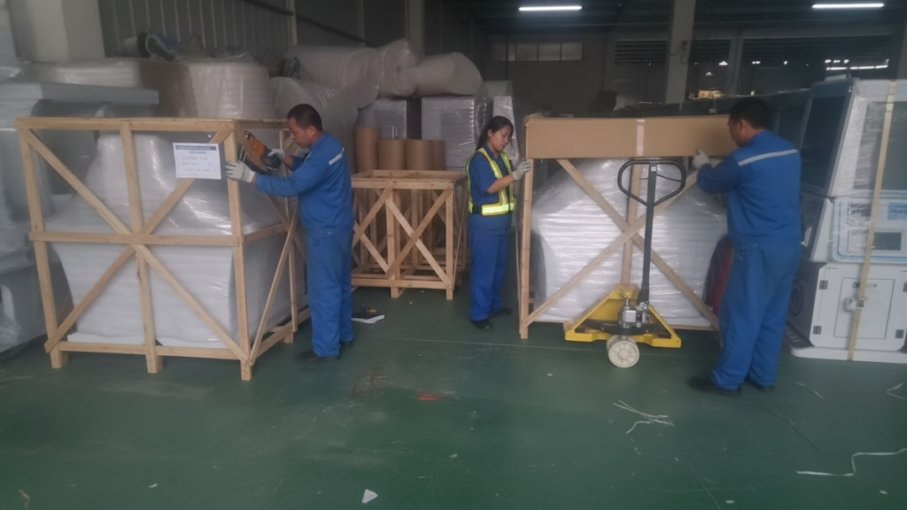 Factory workers checking arcade machine packaging before overseas shipping