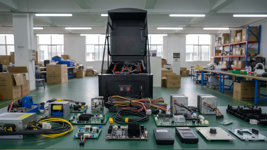 Arcade machine parts including buttons joysticks boards power supply and payment parts on a repair workbench
