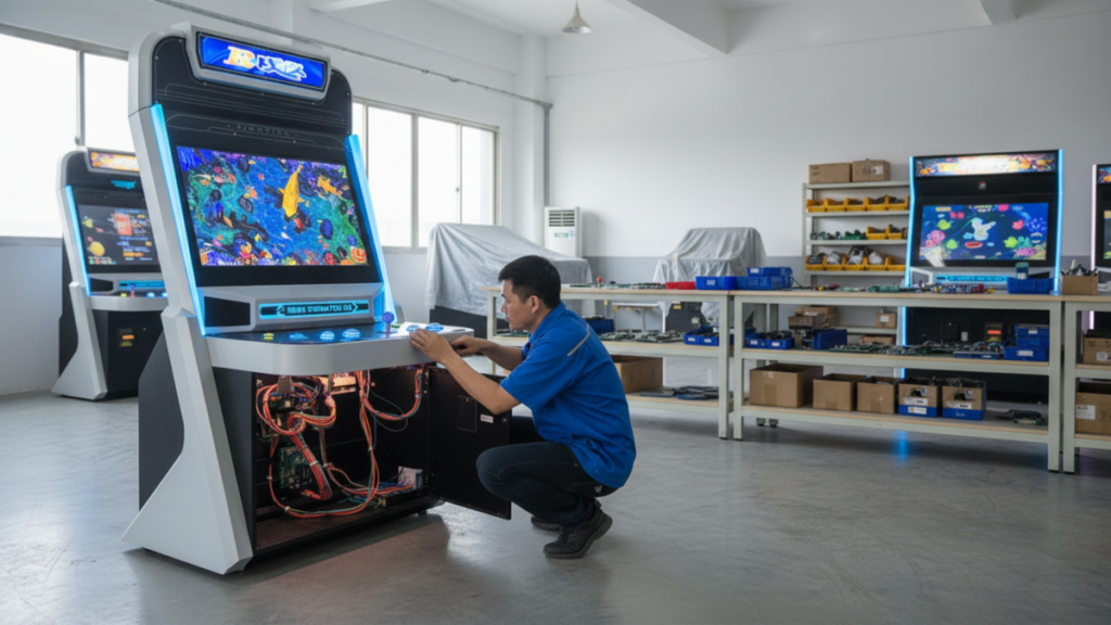 Technician checking a commercial fish game machine cabinet during arcade machine maintenance
