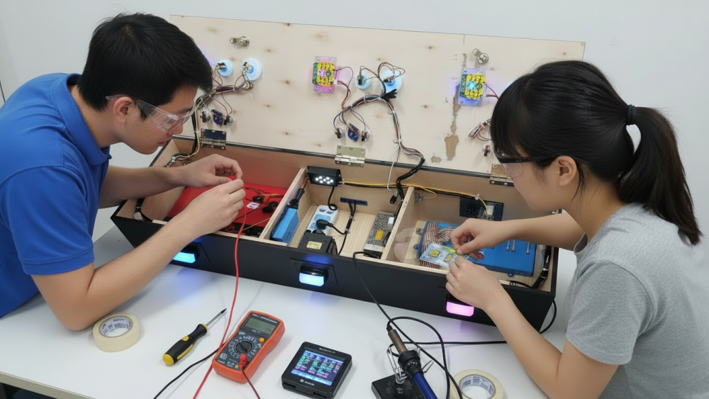 Technician testing coin acceptor and card reader payment signals inside an arcade machine