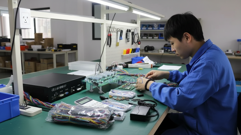 Arcade PCB board testing with monitor controls and payment system before shipment