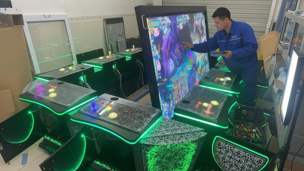 Technician testing arcade touch screen controller, control board, signal cables, and wiring inside a machine