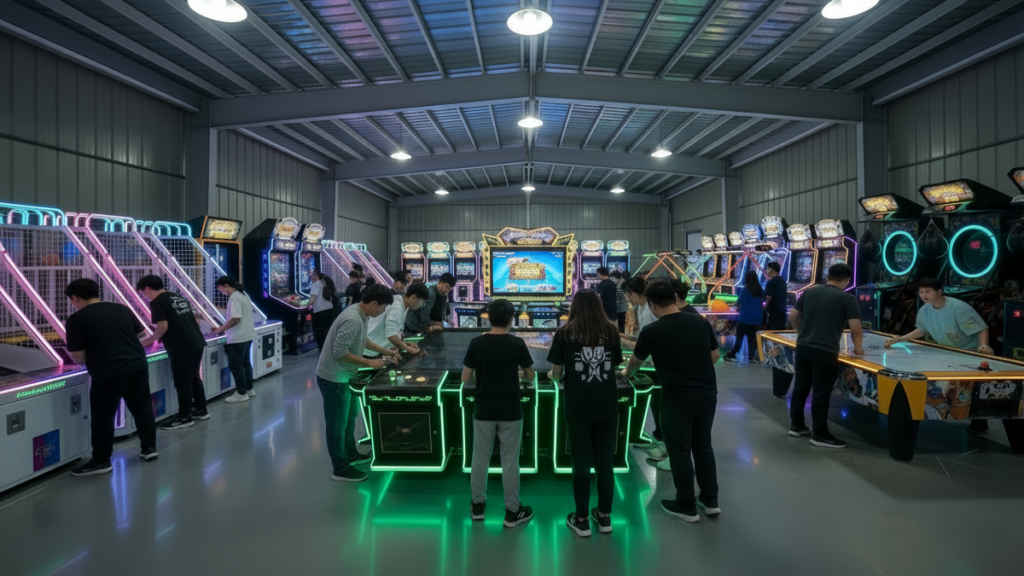 Commercial arcade game room with fish game, basketball, boxing, and air hockey machines arranged in a balanced venue layout