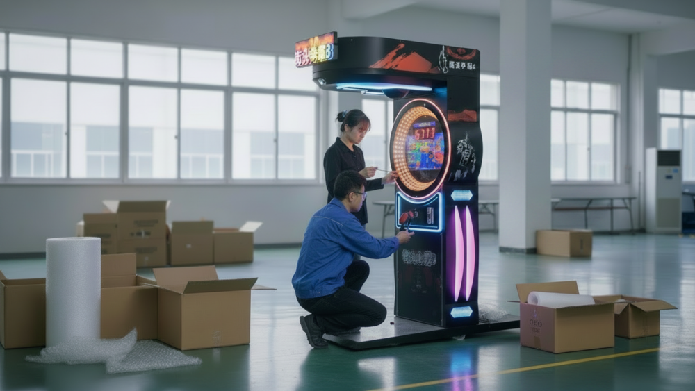Custom arcade machine testing with screen controls and payment system before shipment