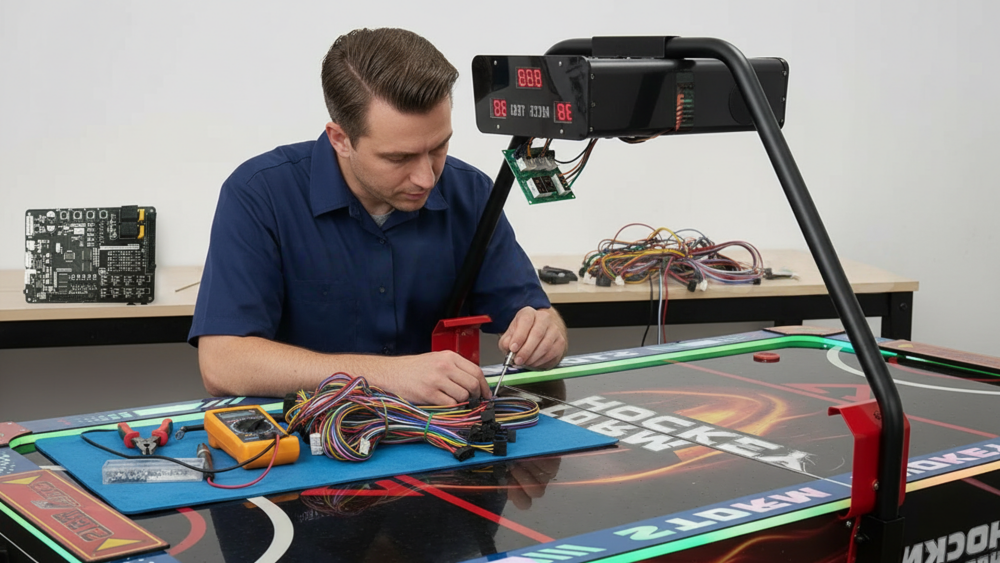 Open arcade cabinet showing internal structure, wiring, PCB, and maintenance access