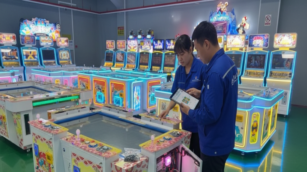 Custom arcade machines being assembled in an OEM production workshop
