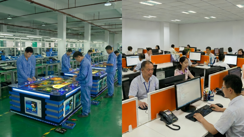 Workers assemble fish game machines in factory workshop, office staff handle foreign trade orders on computers