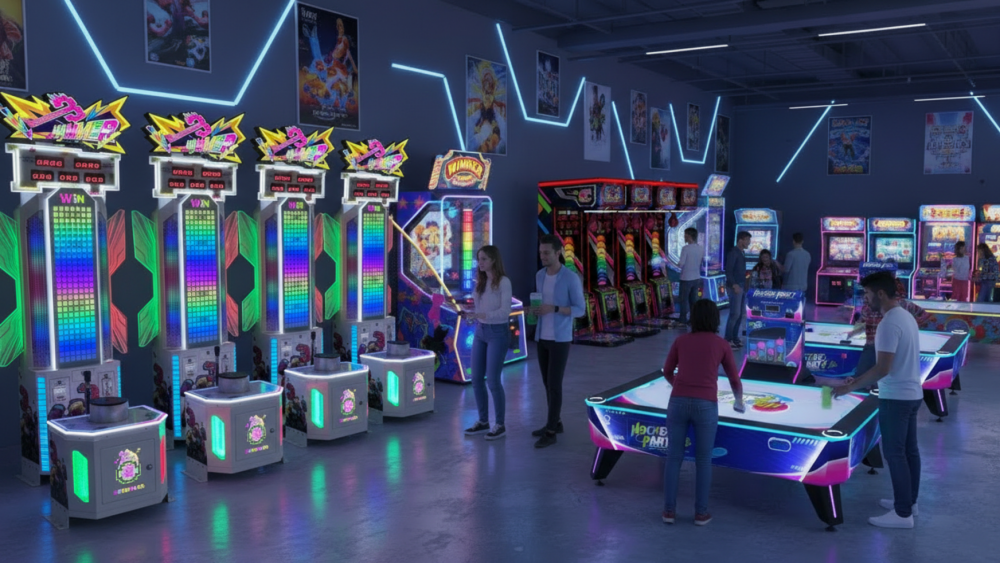 Family entertainment center with fish game machines, sports arcade machines, and kids attractions arranged for different customer groups