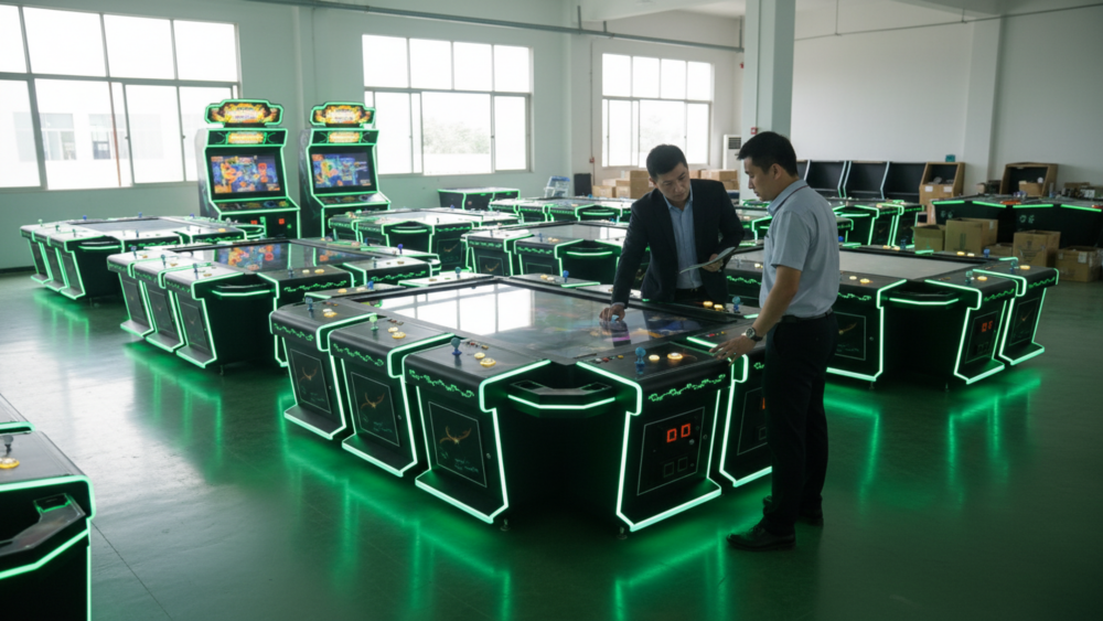 Arcade buyer comparing fish game machine configurations before purchase