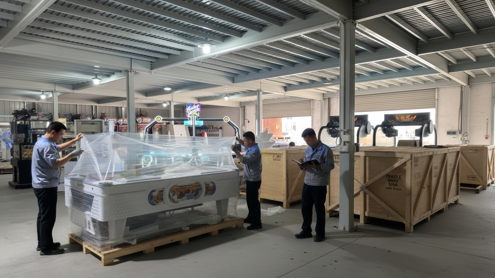 Workers inspecting export packing for fish game machines before shipment