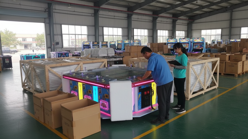 Fish game machines undergoing final testing and export packing preparation before shipment