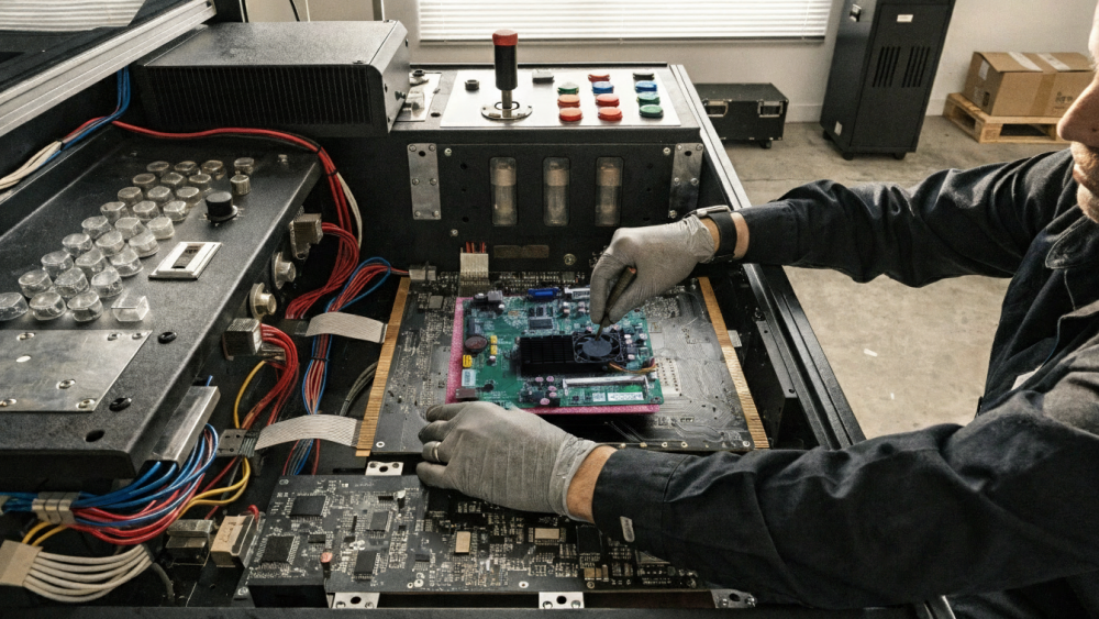 Technician checking PCB wiring and control panel parts inside a fish game machine