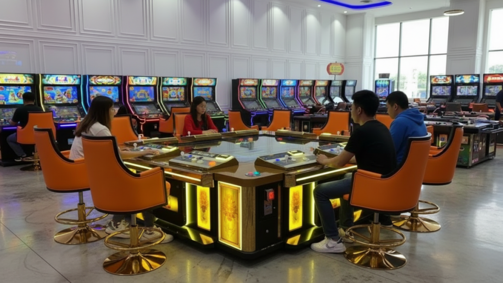 Arcade fishing game machine in a modern game room for commercial operators
