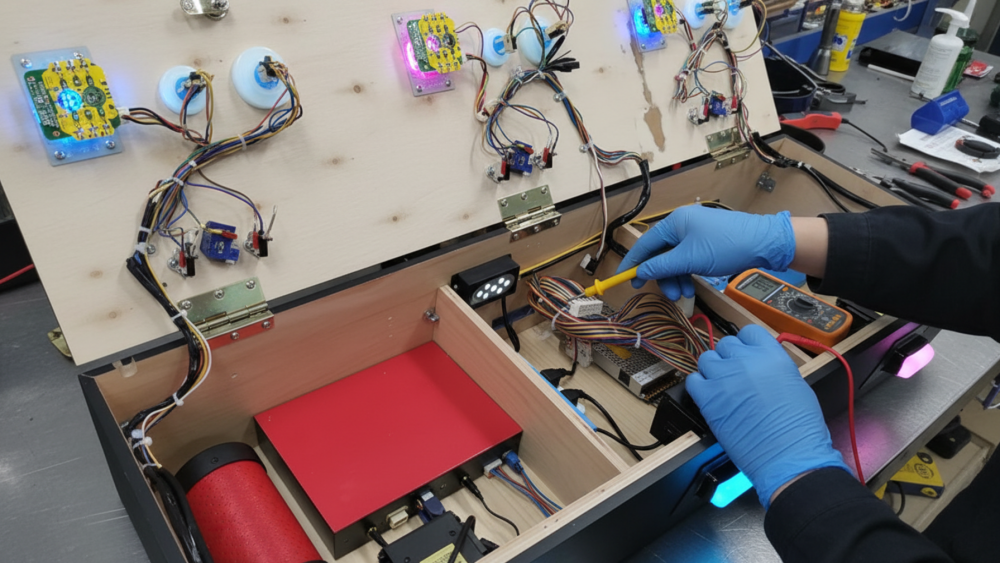 Technician checking fish game machine PCB, I/O board, wiring, buttons, and joystick connections