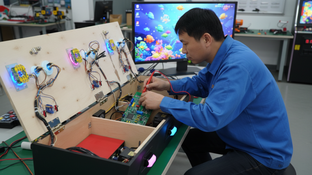 Technician checking fish game machine PCB, I/O board, and control panel during arcade machine troubleshooting