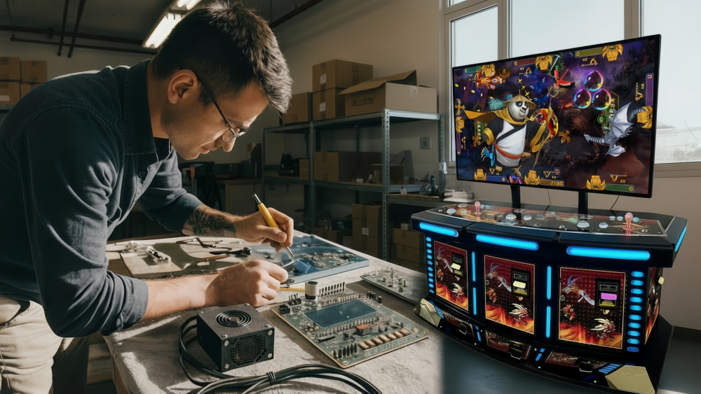 Technician testing a fish game PCB board with a multi-player arcade cabinet in the workshop.