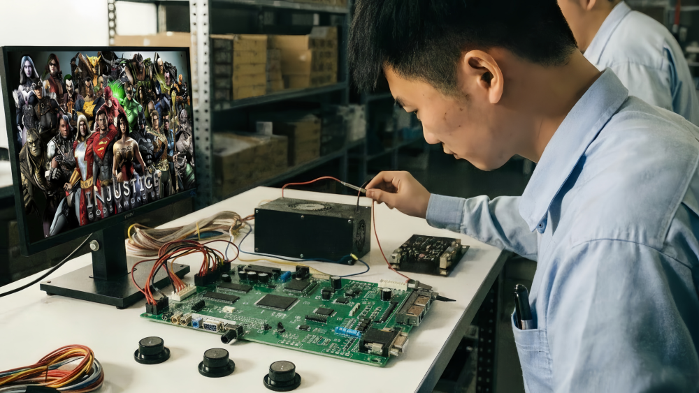 Technician testing fish game PCB software with monitor, control buttons, and power supply on a workbench.