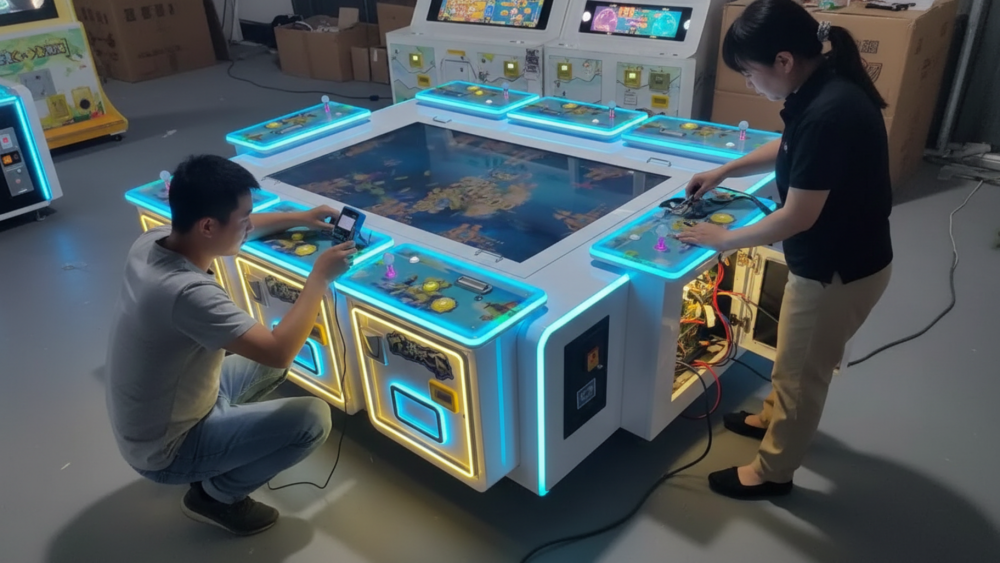 Fish game PCB software testing on commercial arcade machine before shipment