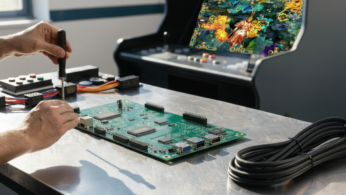 Technician inspecting a green fish game PCB board on a workbench with an arcade cabinet in the background.