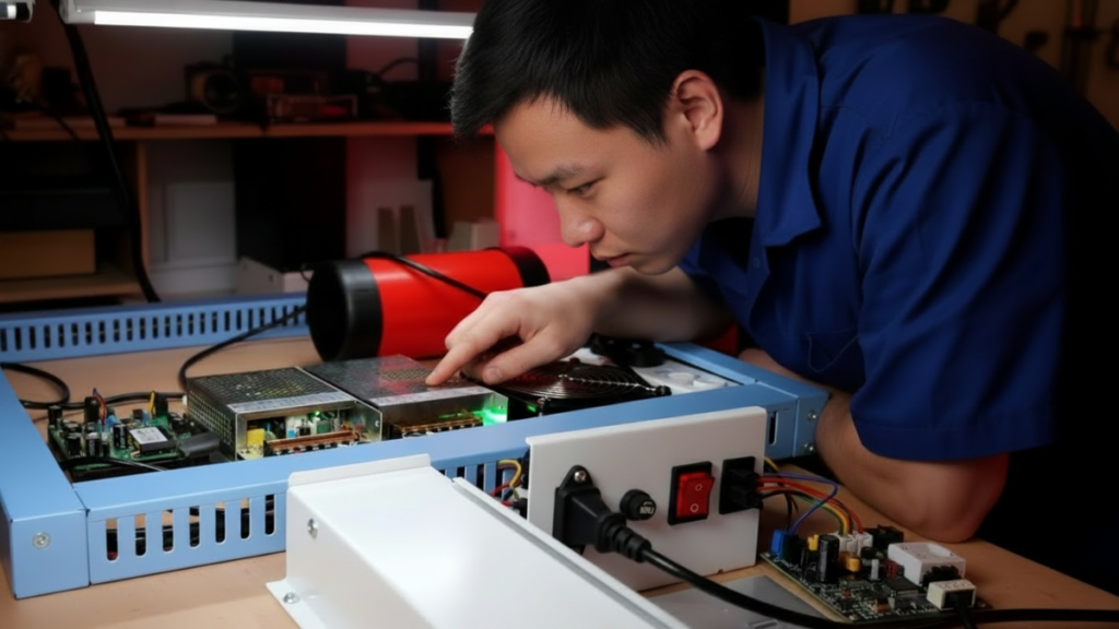 Technician checking a fish game PCB board and wiring inside an arcade machine