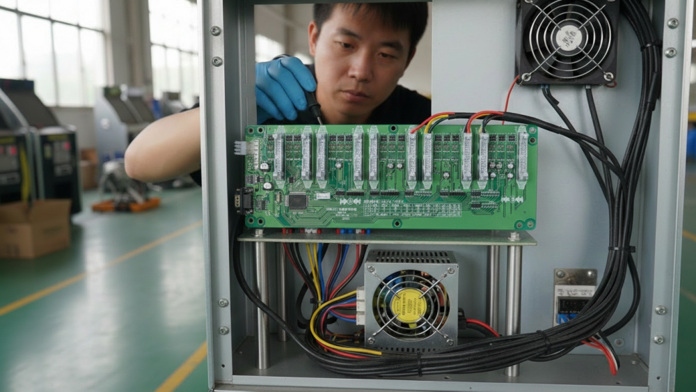 Technician checking fish game PCB power supply and wiring connections inside an arcade cabinet
