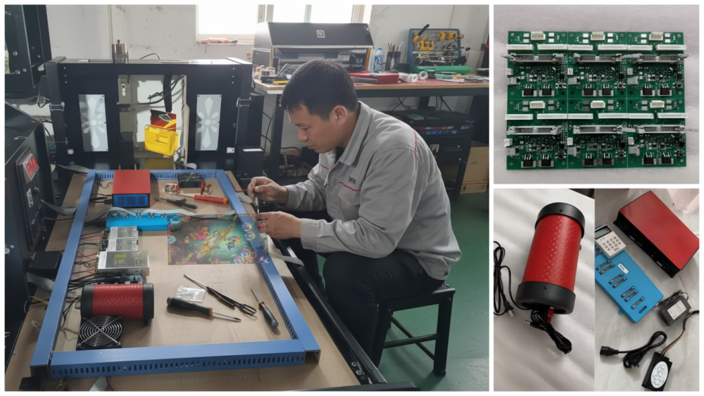 Arcade operator recording a fish game machine power-on video for remote PCB support