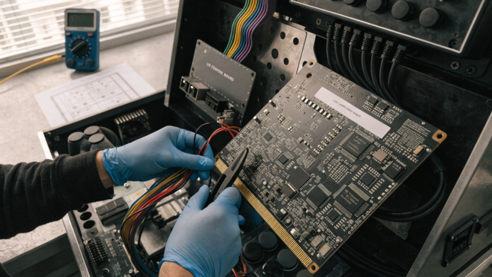 Technician connecting a fish game PCB board with wiring inside an arcade machine cabinet.