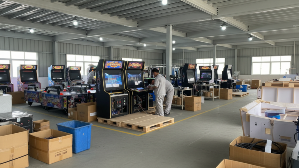 OEM arcade machines being customized and inspected in a professional amusement machine factory